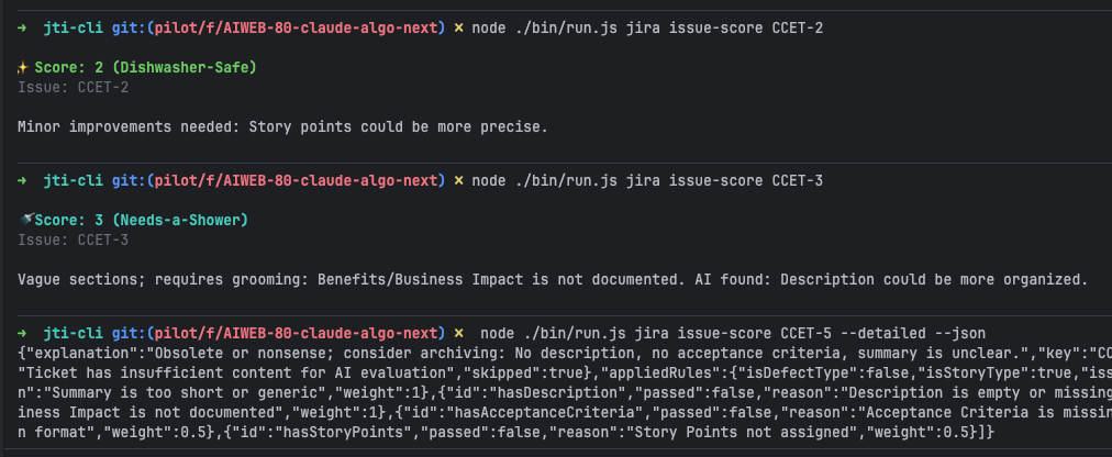 Command-line Jira hygiene scoring with concise and detailed JSON output