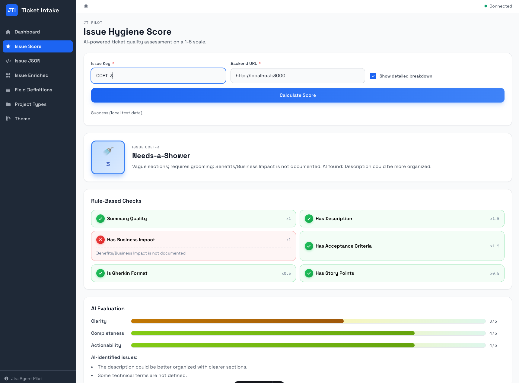 Jira issue hygiene report with score, rule-based checks, and AI evaluation