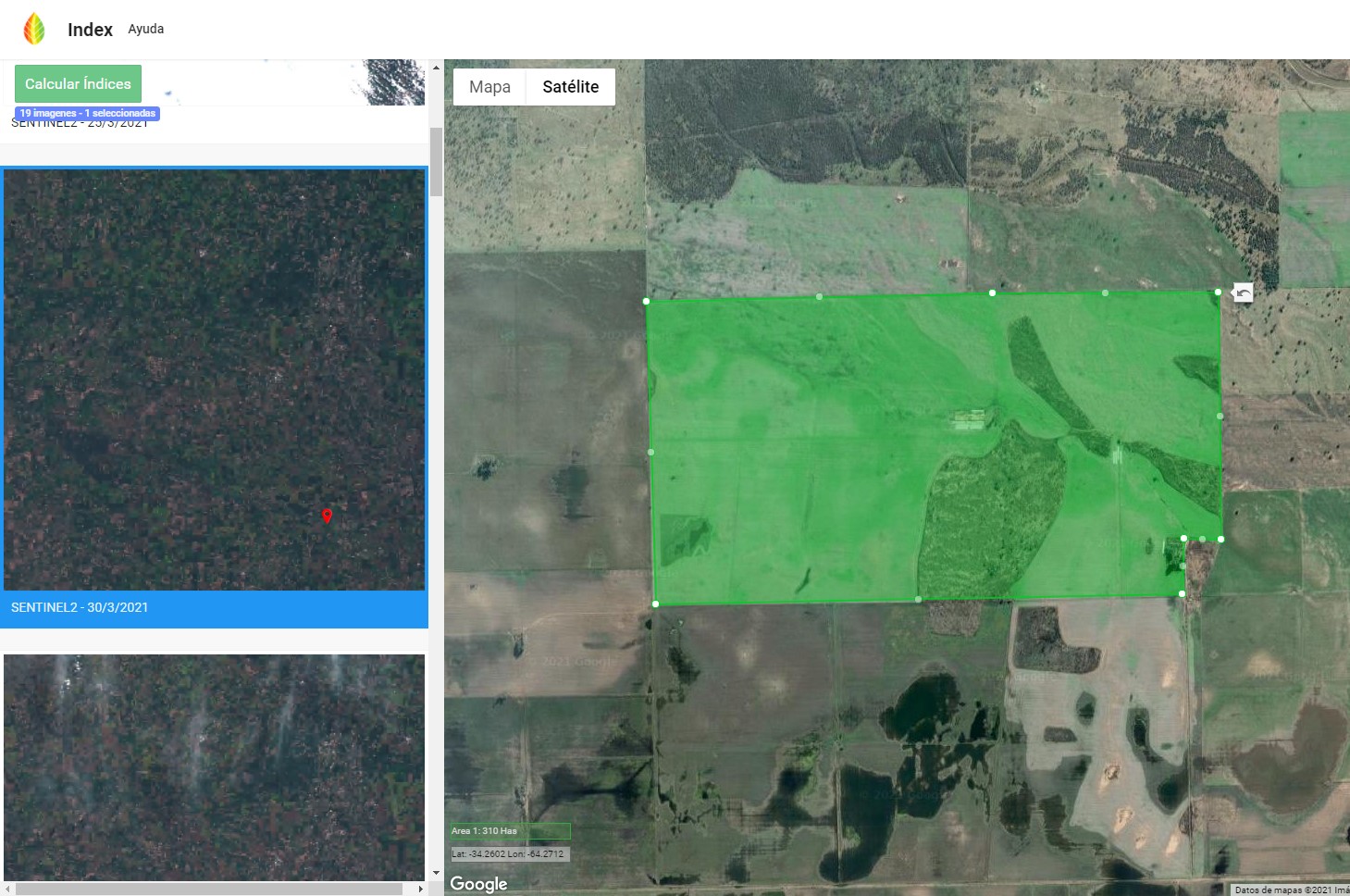 Map interface with a selected farm sector for satellite processing