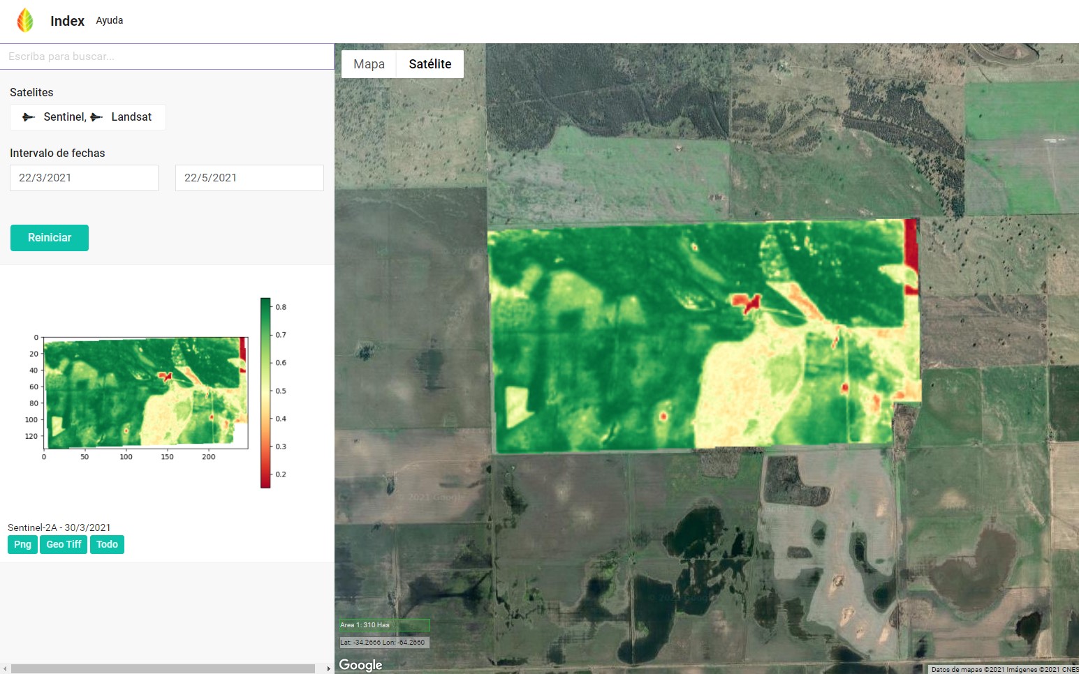 Vegetation index heatmap overlaid on a selected agricultural field