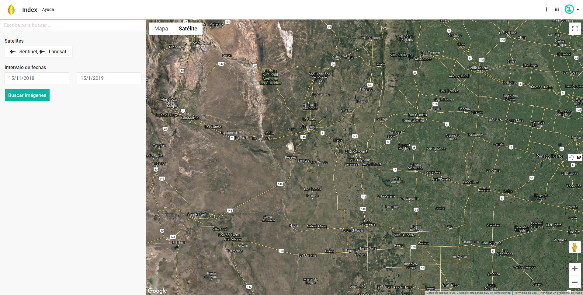 Satellite imagery search interface with map and date filters