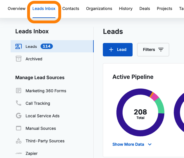 Lead management dashboard with filters, pipeline totals, and source data