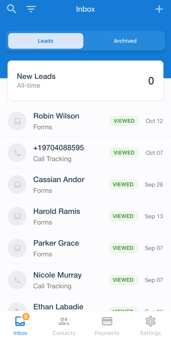 Mobile lead inbox with source labels and viewed states