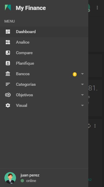 Mobile finance navigation menu with dashboard and planning links