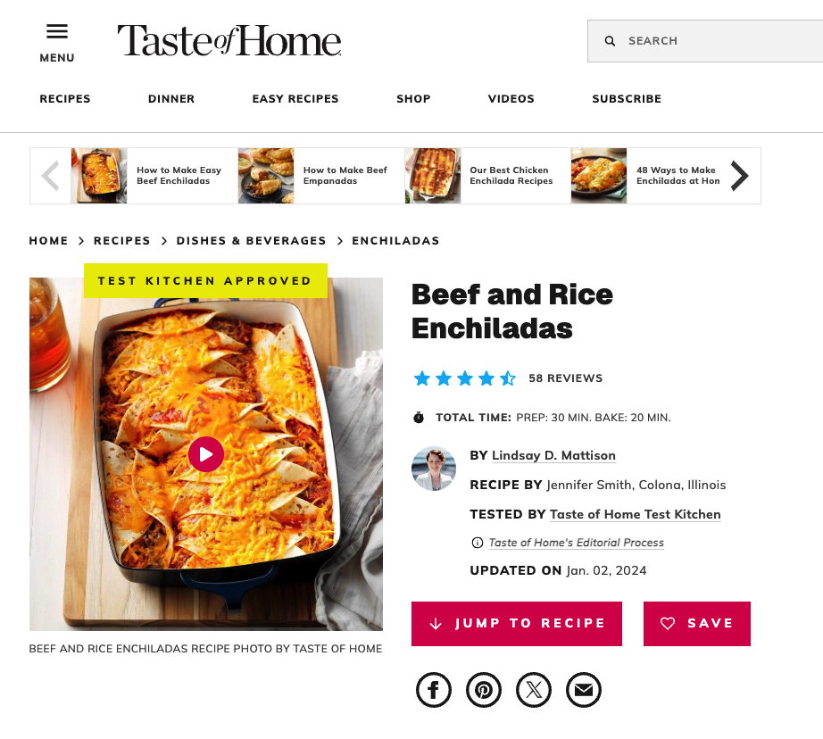 Taste of Home recipe page with ingredients, metadata, and call to action